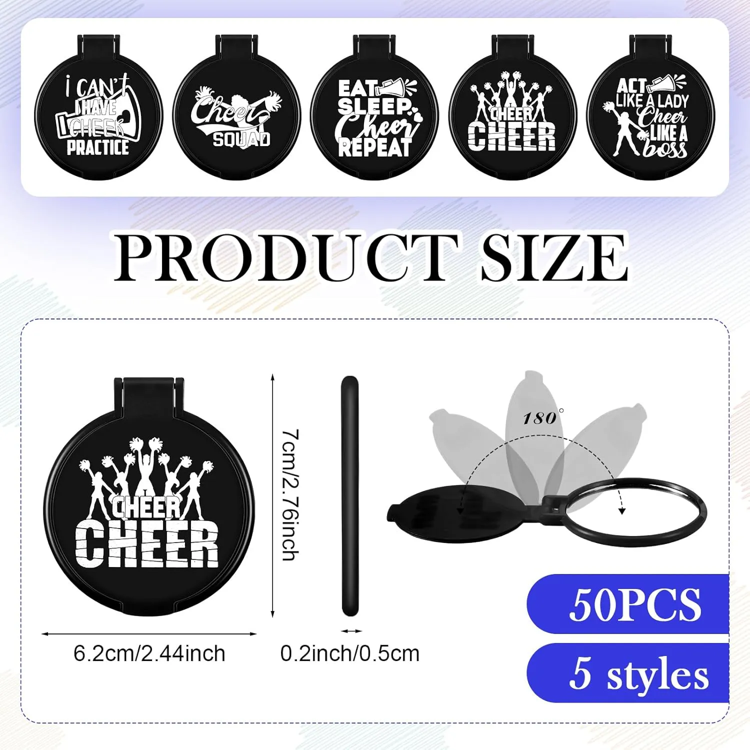 Zhehao 50 Pcs Cheerleader Mirror Gifts Compact Mirror Bulk Folding Pocket Purse Mirror Inspirational Cheer Gifts Travel Portable Mini Makeup Mirror for Cheerleading Team Graduation Friendship(Black)