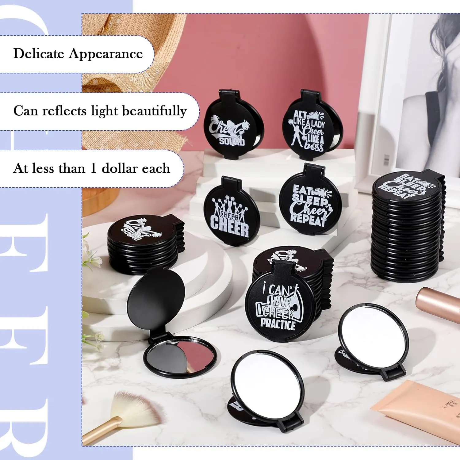 Zhehao 50 Pcs Cheerleader Mirror Gifts Compact Mirror Bulk Folding Pocket Purse Mirror Inspirational Cheer Gifts Travel Portable Mini Makeup Mirror for Cheerleading Team Graduation Friendship(Black)