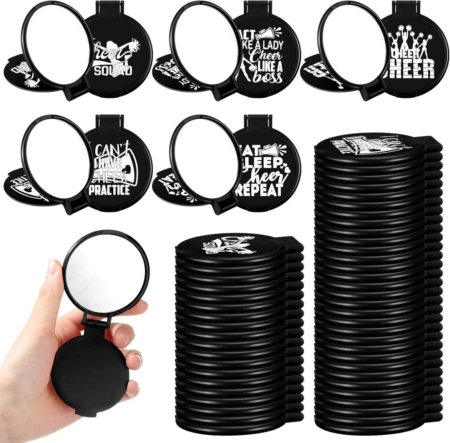 Zhehao 50 Pcs Cheerleader Mirror Gifts Compact Mirror Bulk Folding Pocket Purse Mirror Inspirational Cheer Gifts Travel Portable Mini Makeup Mirror for Cheerleading Team Graduation Friendship(Black)