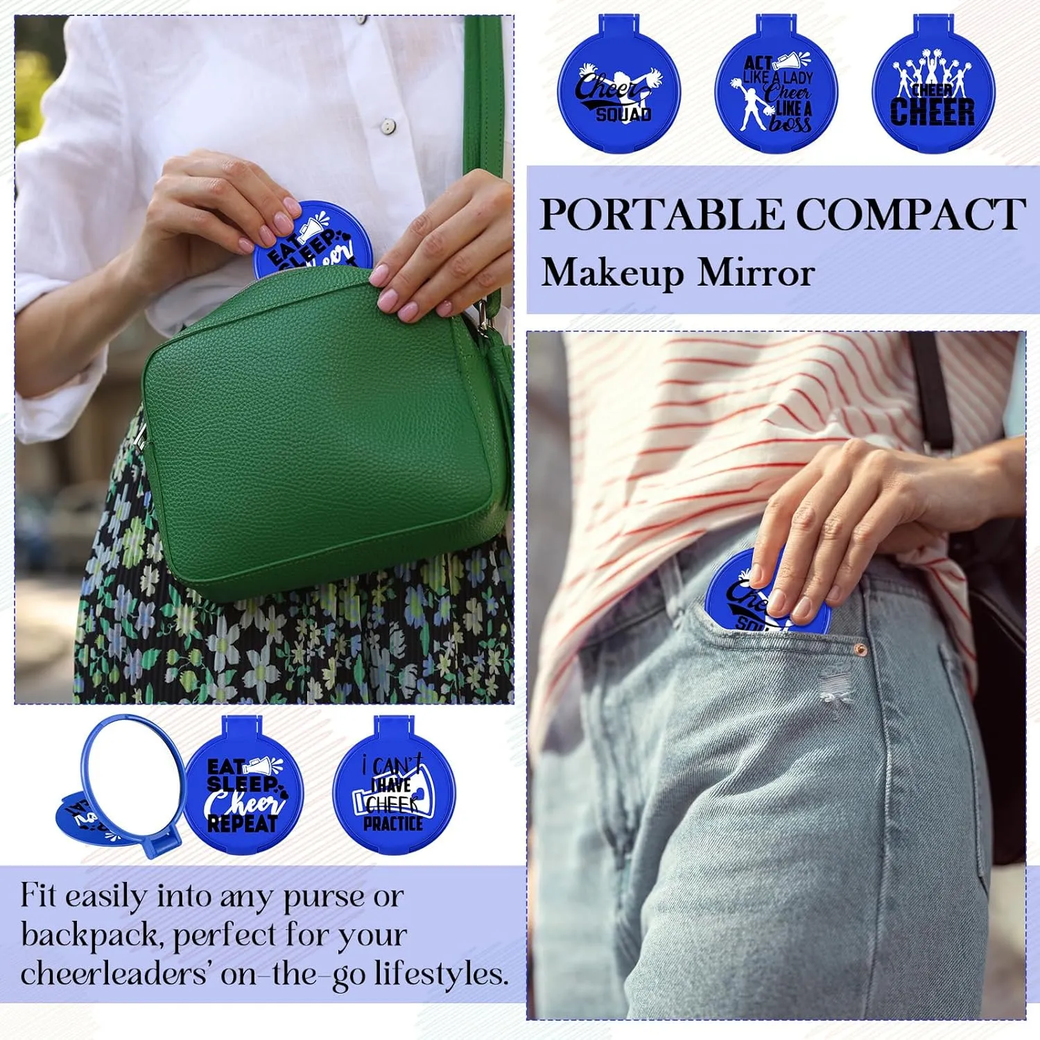 Zhehao 50 Pcs Cheerleader Mirror Gifts Compact Mirror Bulk Folding Pocket Purse Mirror Inspirational Cheer Gifts Travel Portable Mini Makeup Mirror for Cheerleading Team Graduation Friendship(Blue)
