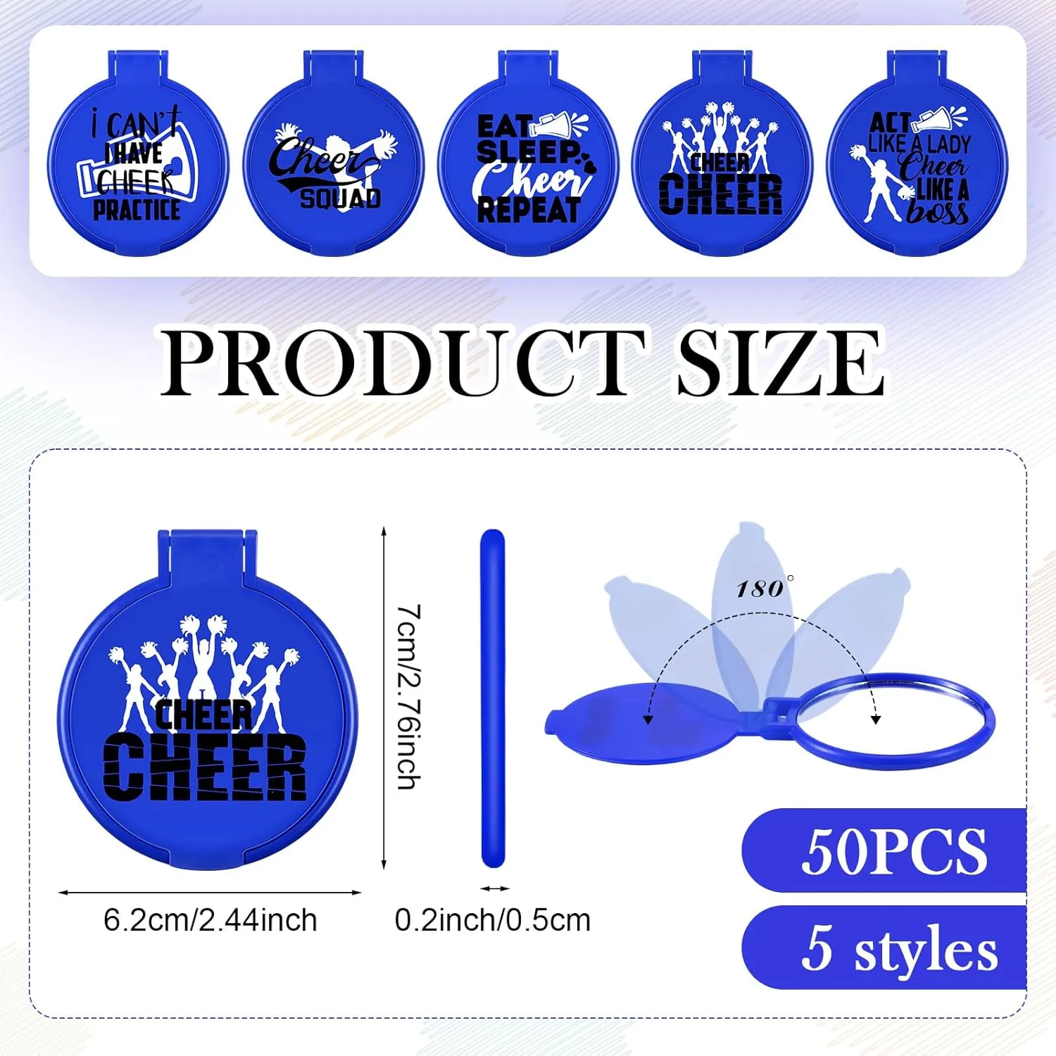 Zhehao 50 Pcs Cheerleader Mirror Gifts Compact Mirror Bulk Folding Pocket Purse Mirror Inspirational Cheer Gifts Travel Portable Mini Makeup Mirror for Cheerleading Team Graduation Friendship(Blue)