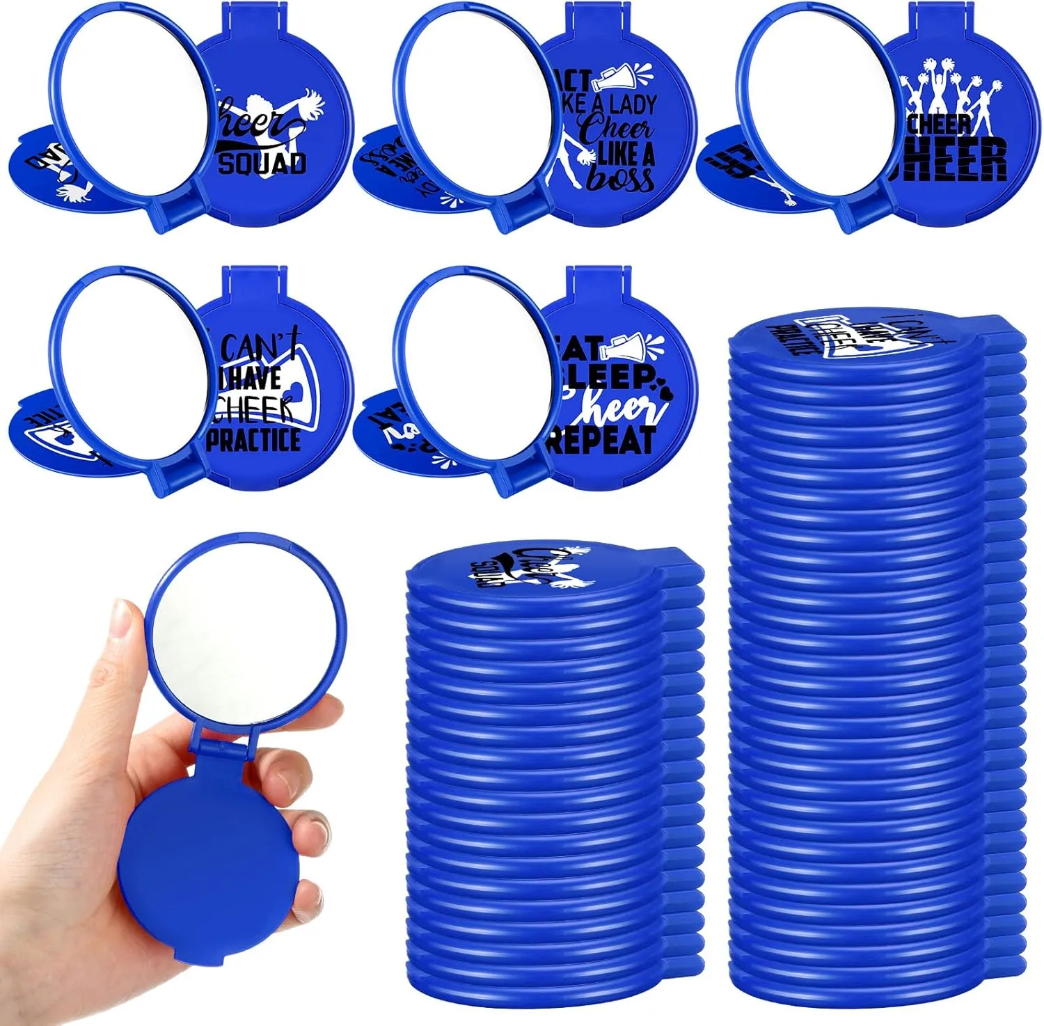 Zhehao 50 Pcs Cheerleader Mirror Gifts Compact Mirror Bulk Folding Pocket Purse Mirror Inspirational Cheer Gifts Travel Portable Mini Makeup Mirror for Cheerleading Team Graduation Friendship(Blue)