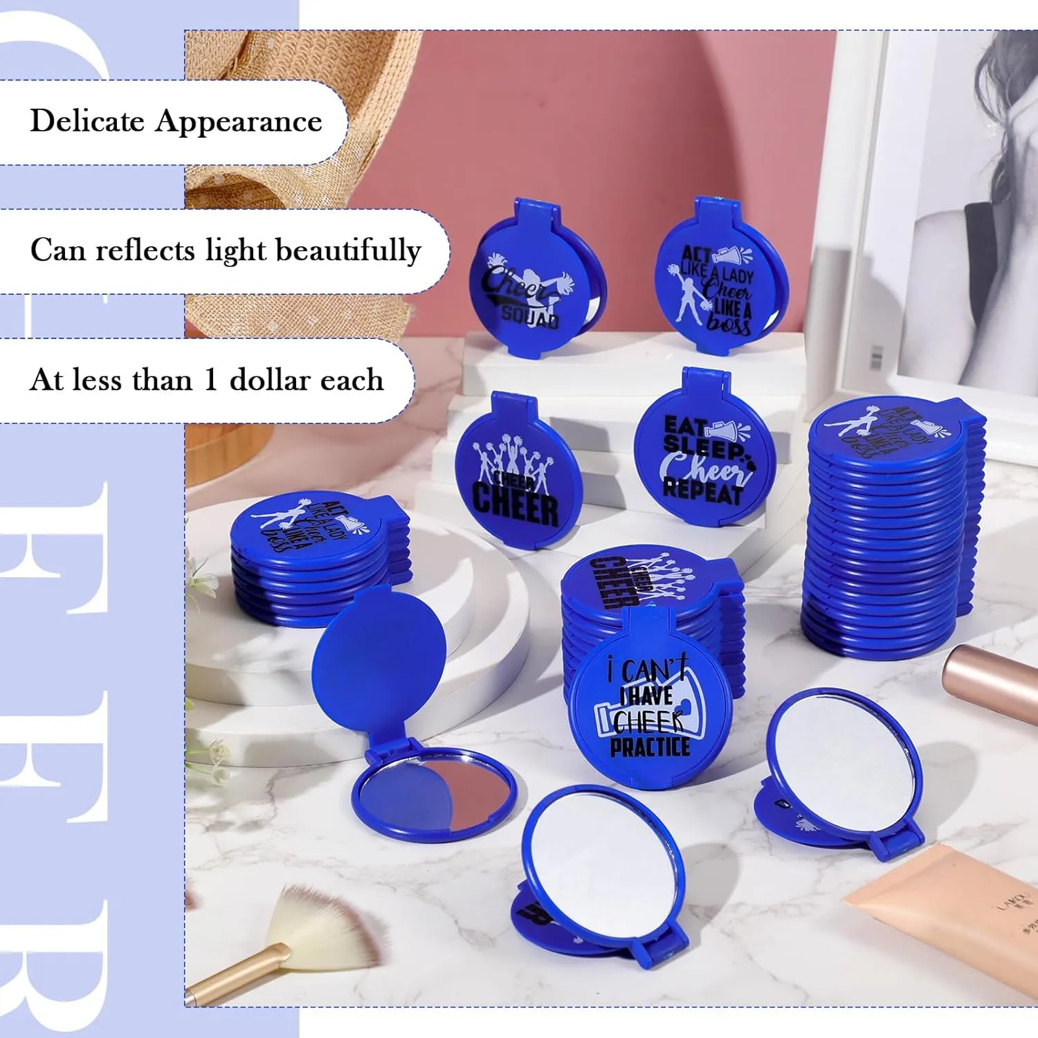 Zhehao 50 Pcs Cheerleader Mirror Gifts Compact Mirror Bulk Folding Pocket Purse Mirror Inspirational Cheer Gifts Travel Portable Mini Makeup Mirror for Cheerleading Team Graduation Friendship(Blue)