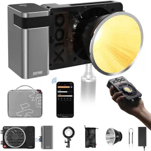 Zhiyun Molus X100 COMBO 100w LED Video Light 2700K~6500K Studio Light with Bluetooth Mesh App Control Portable Pocket Light TLCI 97 W/Bowens Mount Adapter Ring,Detachable Grip Battery,Studio Spotlight