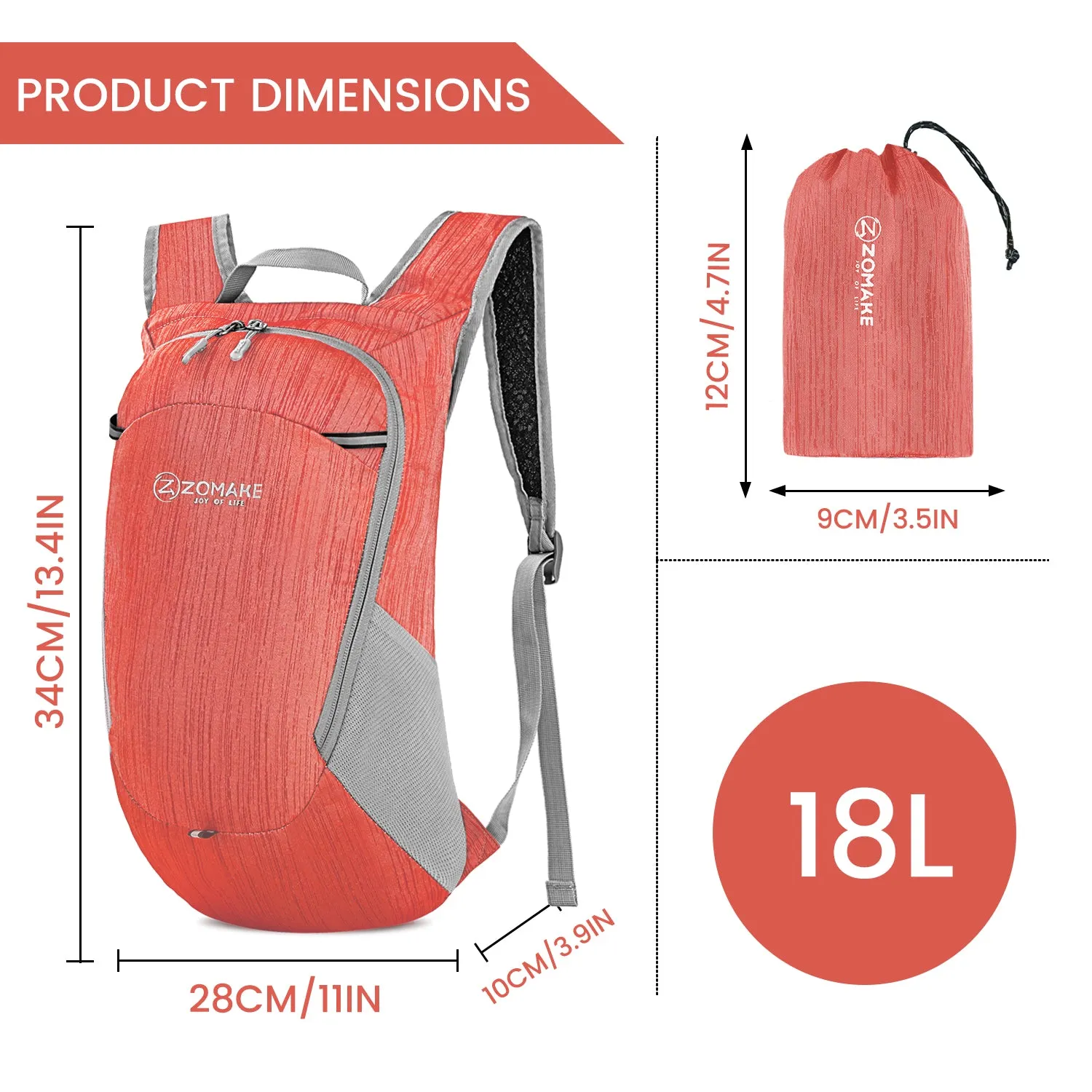 ZOMAKE Ultra Lightweight Packable Backpack 18L, Small Foldable Hiking Backpacks Water Resistant Folding Daypack for Travel(Red)