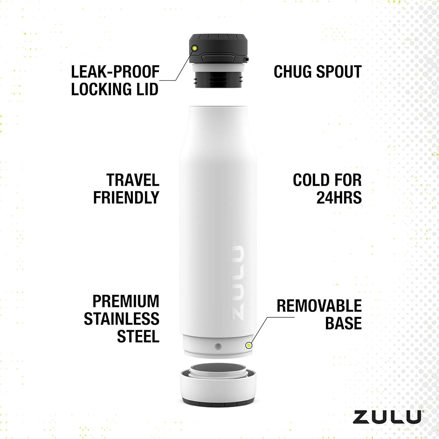 ZULU Ace Vacuum Insulated Stainless Steel Water Bottle with Chug Spout, Leak-Proof Locking Lid and Removable Base for School, Backpack, Sports, Gym, Travel